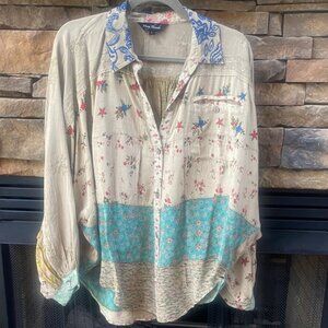 Young Threads Boho Floral Patchwork Button-Up Oversized relaxed Blouse